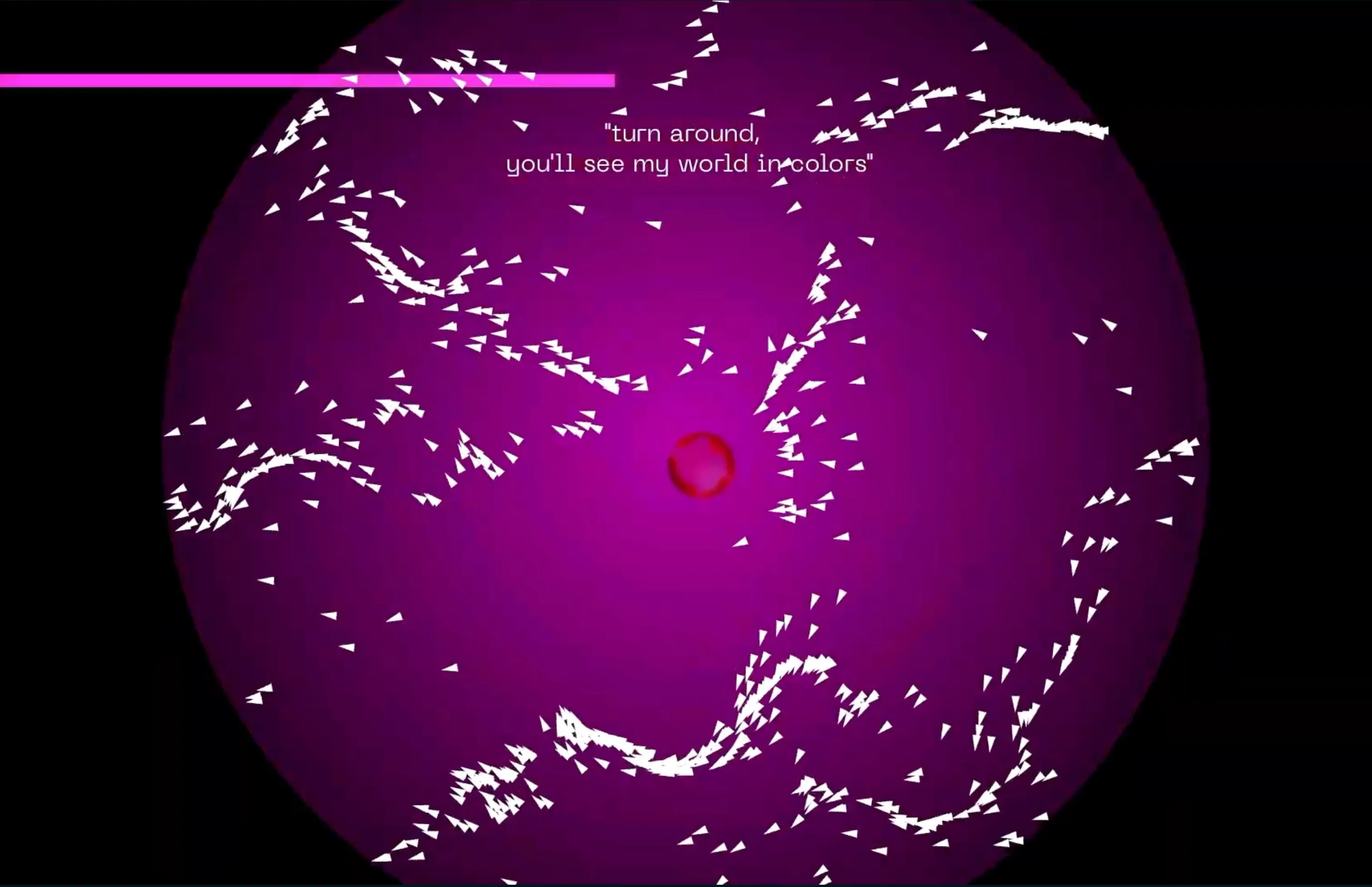 The music visualization: white particle swarms over a magenta circle, with the lyric “turn around, you’ll see my world in colors”