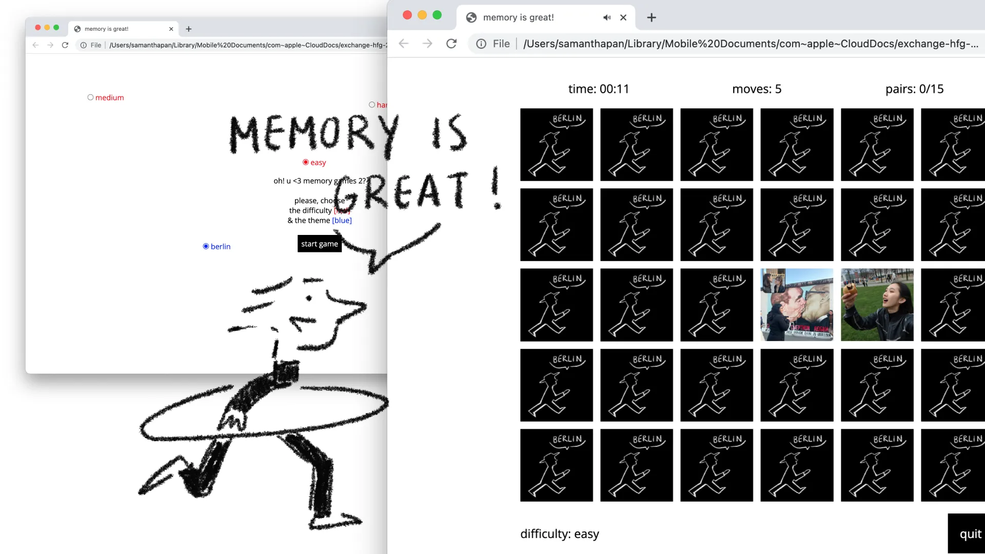 Memory-is-great in the browser: a hand-drawn character saying “Memory is great!” next to a grid of memory cards